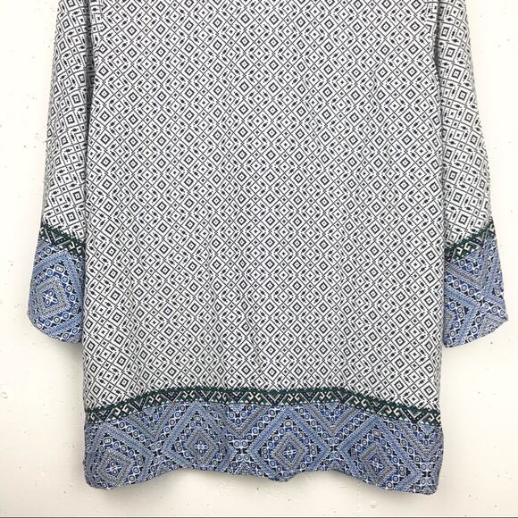 NYDJ Womens Beaded V-Neck Tassel Blouse 3/4 Sleeve Geometric Pattern Blue Small - Picture 11 of 13